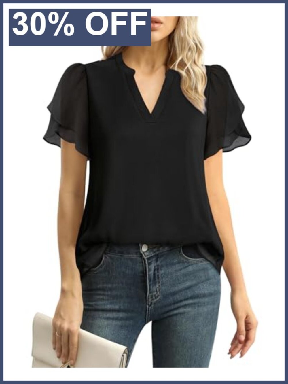 Women's Chiffon Blouse Petal Puff Short Sleeve V Neck Work Top